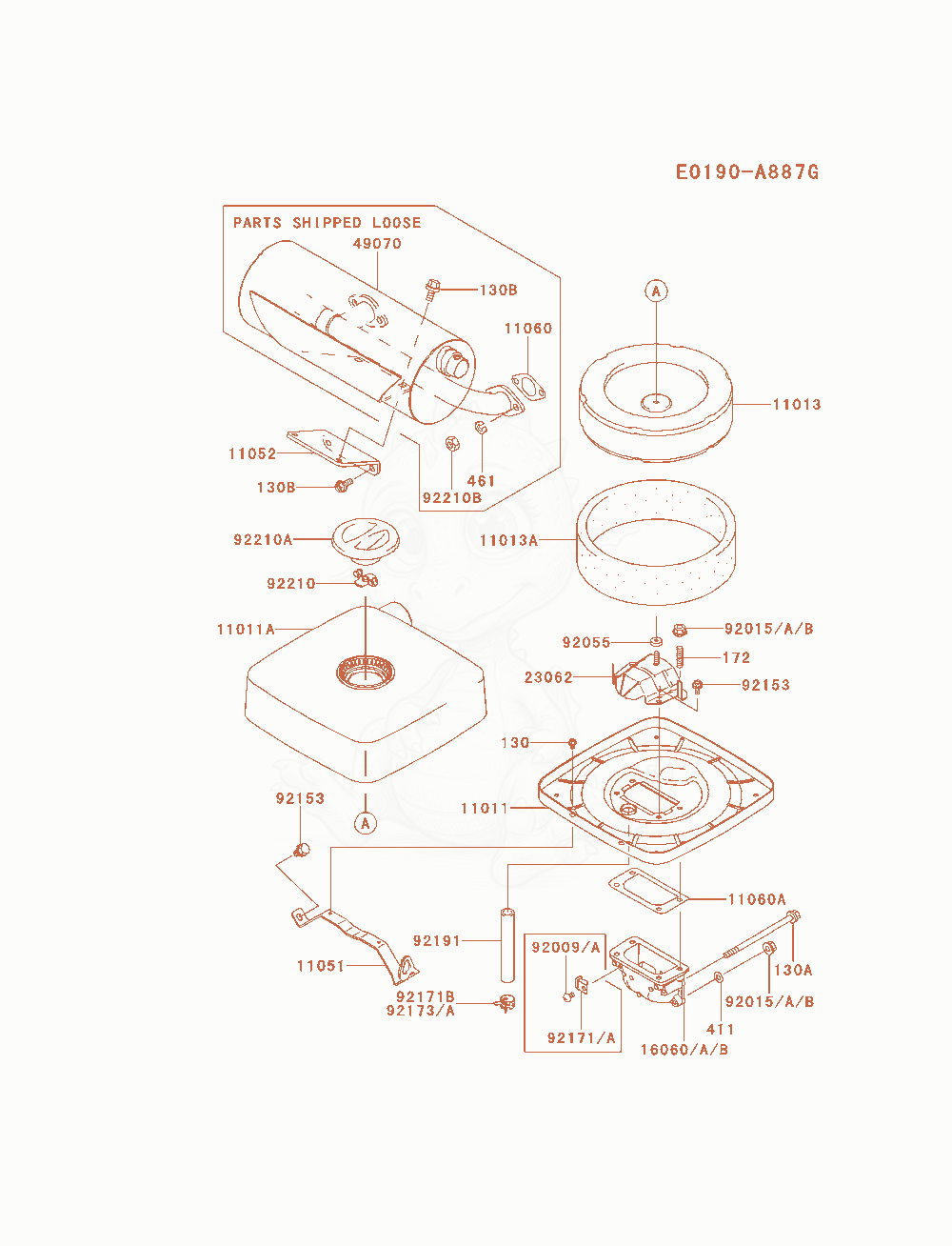 Exploded parts diagram of the Air-Filter / Muffler of a Kawasaki FH601D-DS01 engine, with numbered balloons