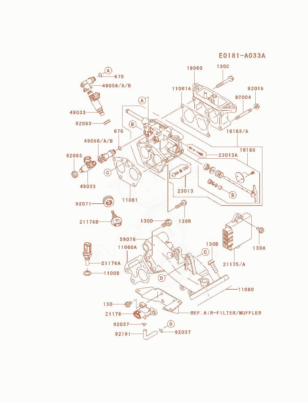 Despiece del Throttle-Equipment de un motor Kawasaki FD791D-FS01, con globos numerados