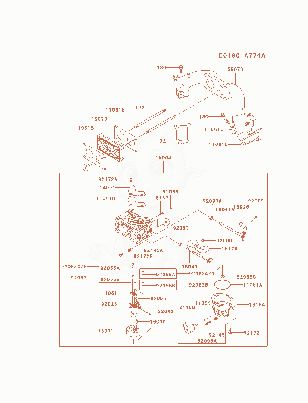 Despiece del Carburetor de un motor Kawasaki FXT00V-AS06, con globos numerados