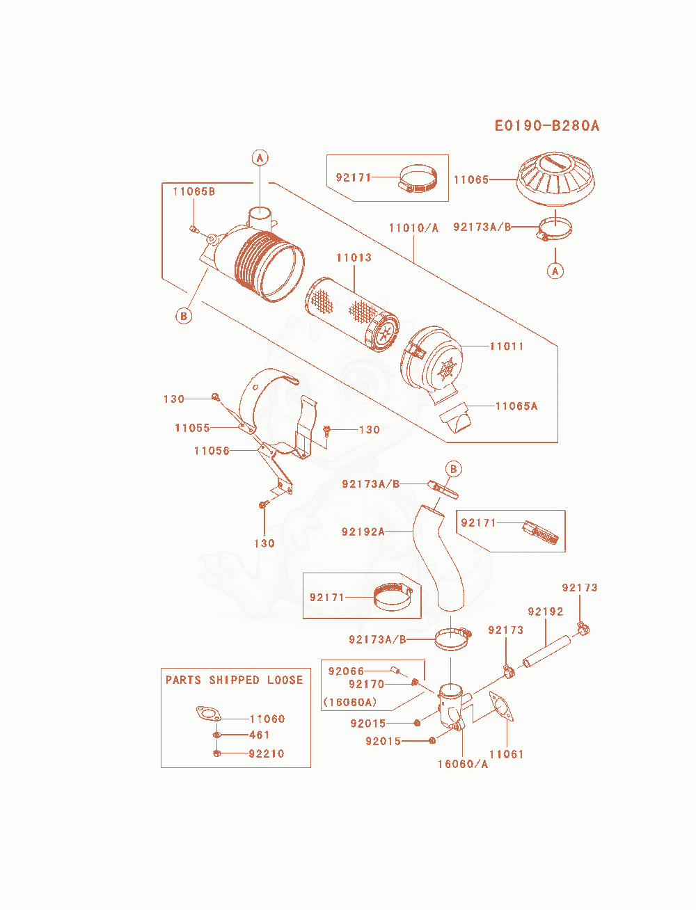 Despiece del Air-Filter / Muffler de un motor Kawasaki FX600V-BS04, con globos numerados
