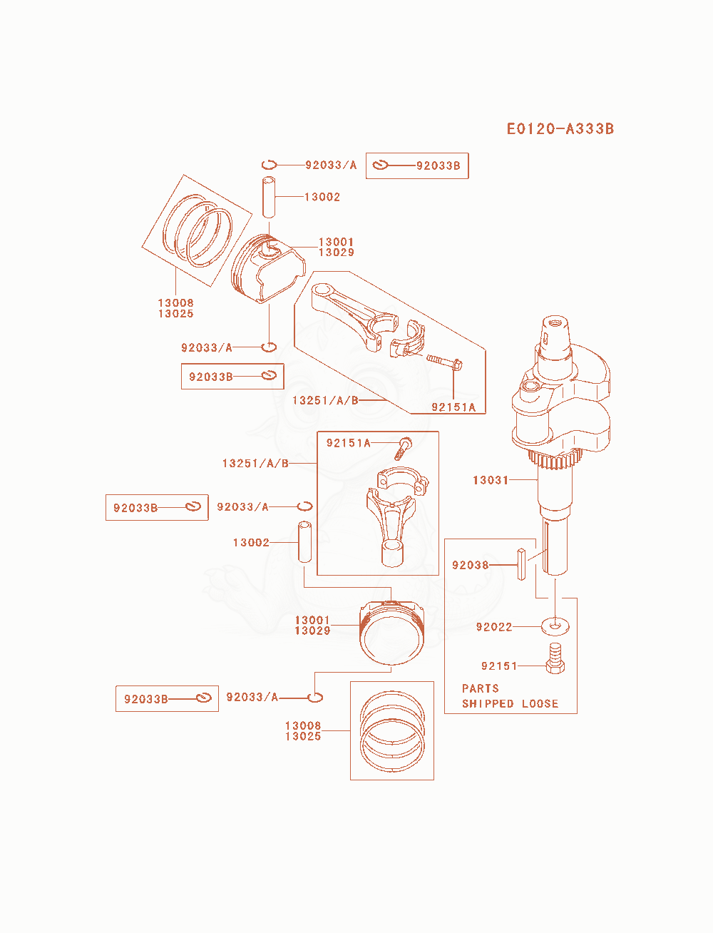Exploded parts diagram of the Piston / Crankshaft of a Kawasaki FH721V-FS13 engine, with numbered balloons