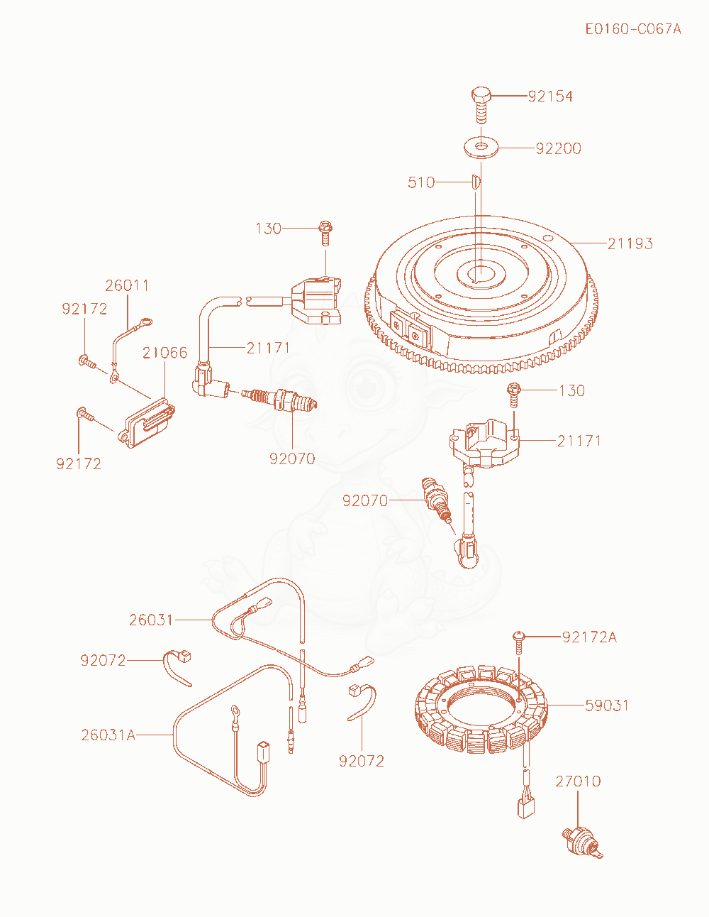 Despiece del Electric-Equipment de un motor Kawasaki FX600V-AS19, con globos numerados
