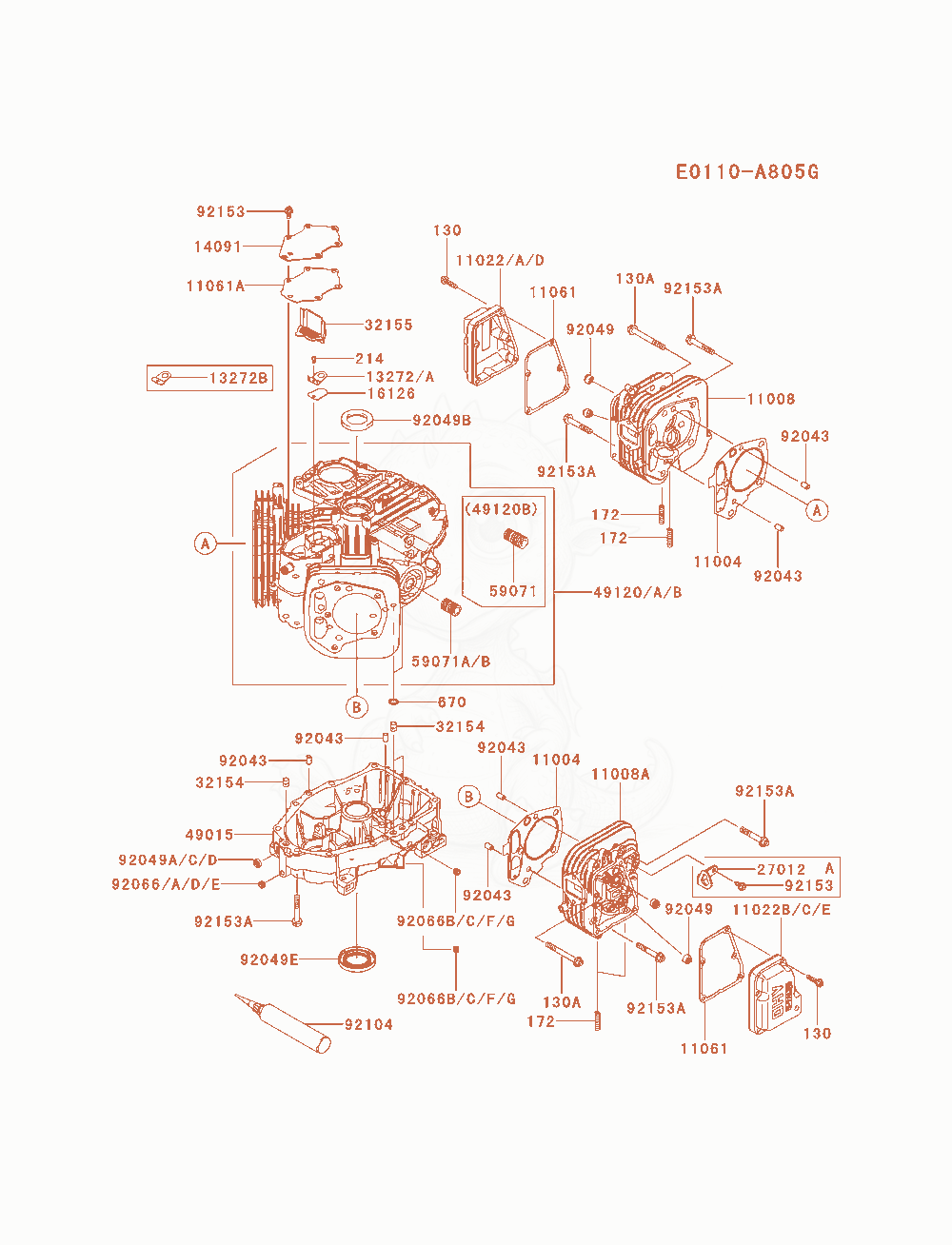 Despiece del Cylinder / Crankcase de un motor Kawasaki FS600V-AS16, con globos numerados