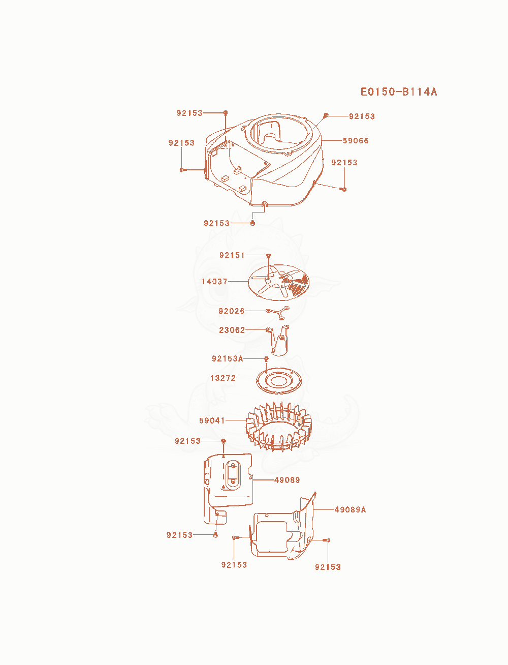 Despiece del Cooling-Equipment de un motor Kawasaki FR651V-AS28, con globos numerados