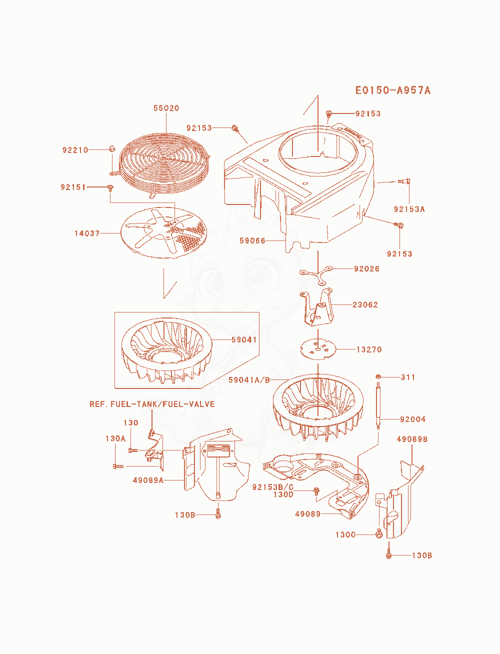 Despiece del Cooling-Equipment de un motor Kawasaki FH580V-AS36, con globos numerados