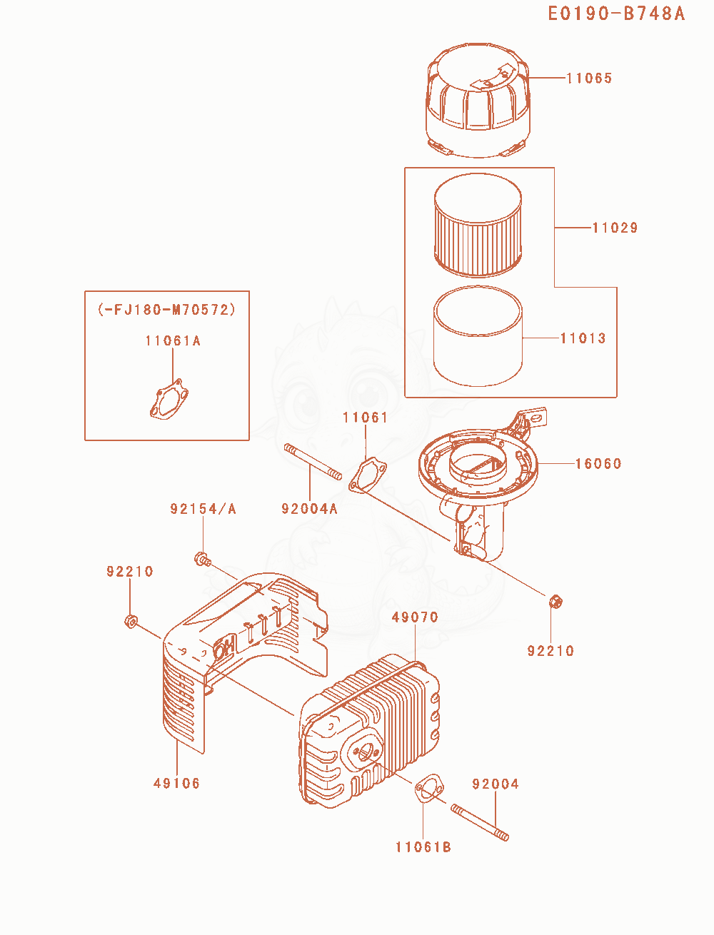 Exploded parts diagram of the Air-Filter / Muffler of a Kawasaki FJ180V-AM21 engine, with numbered balloons