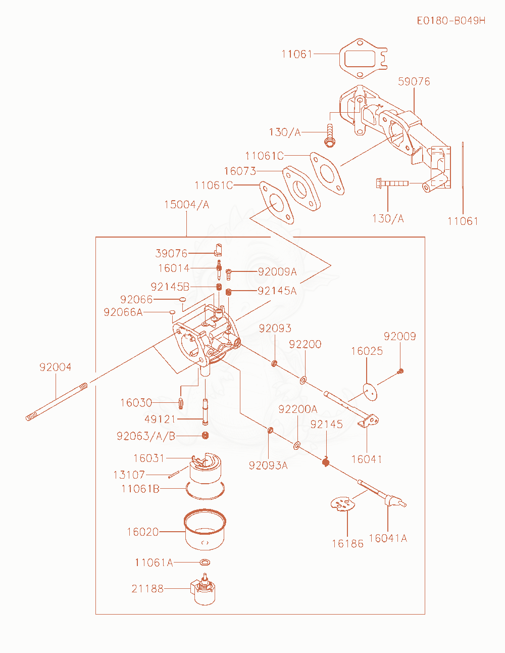 Despiece del Carburetor de un motor Kawasaki FS481V-JS00, con globos numerados
