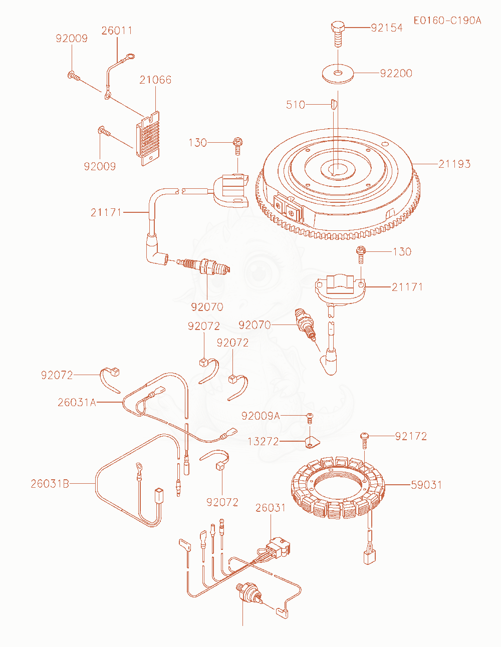 Despiece del Electric-Equipment de un motor Kawasaki FT730V-AS13, con globos numerados