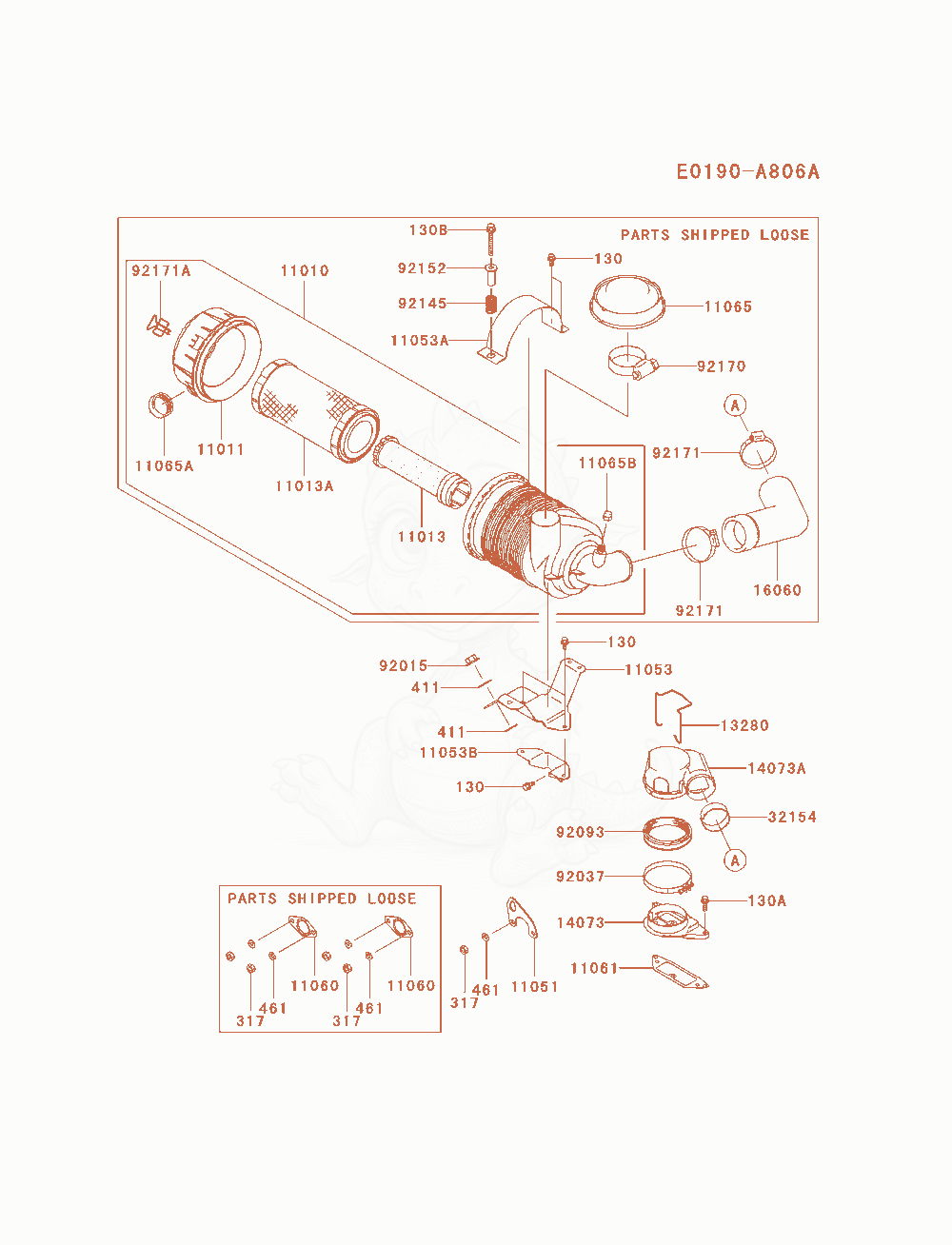 Despiece del Air-Filter / Muffler de un motor Kawasaki FD750D-AS11, con globos numerados