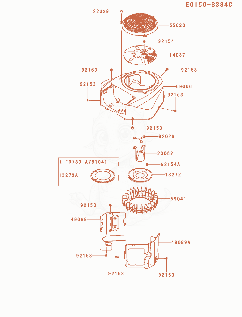 Despiece del Cooling-Equipment de un motor Kawasaki FR730V-AS15, con globos numerados