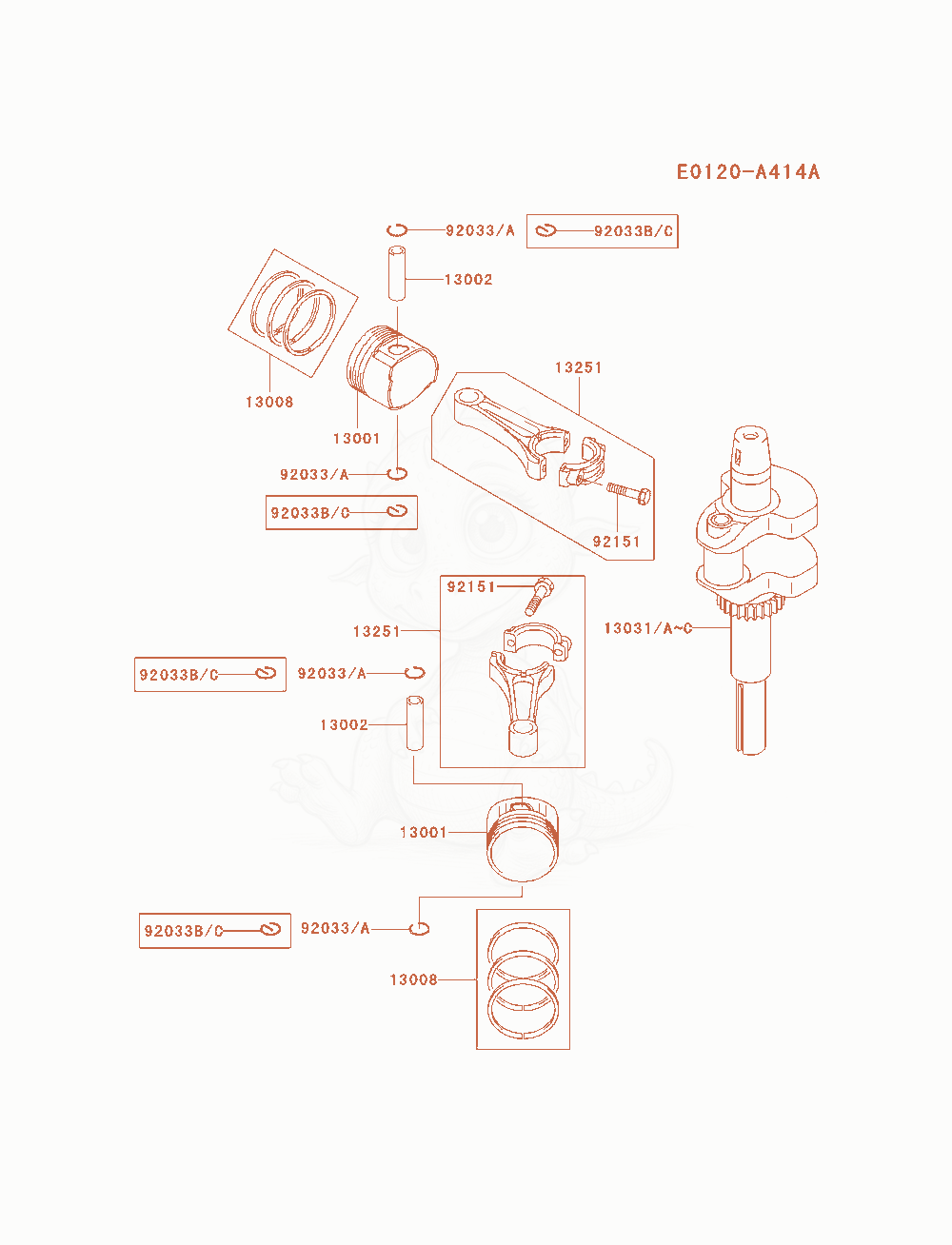 Despiece del Piston / Crankshaft de un motor Kawasaki FH580V-AS34, con globos numerados