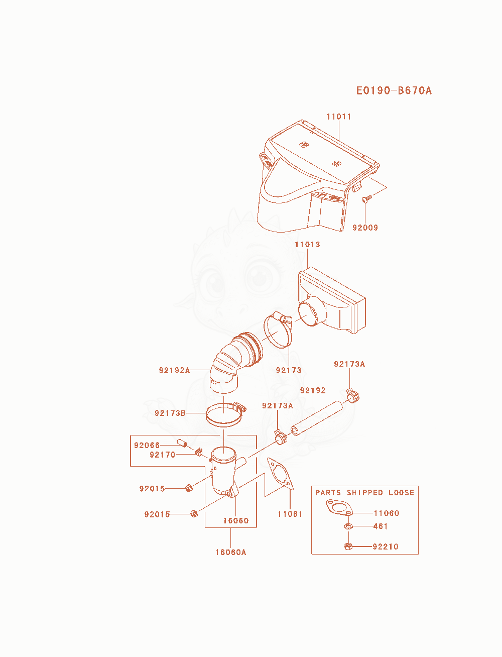 Despiece del Air-Filter / Muffler de un motor Kawasaki FR600V-AS17, con globos numerados