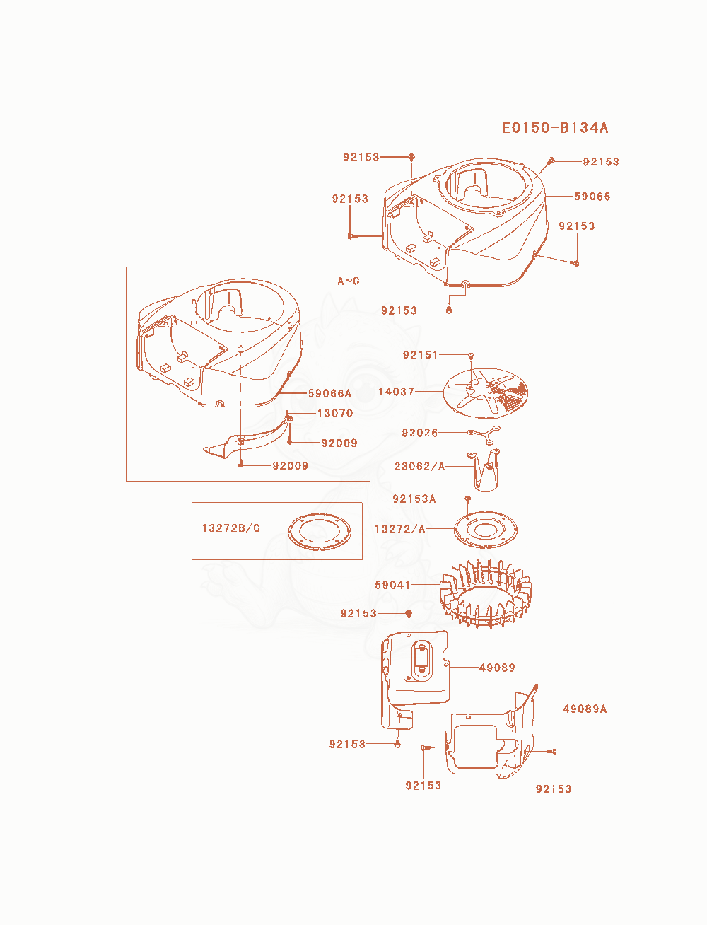 Despiece del Cooling-Equipment de un motor Kawasaki FR691V-AS15, con globos numerados