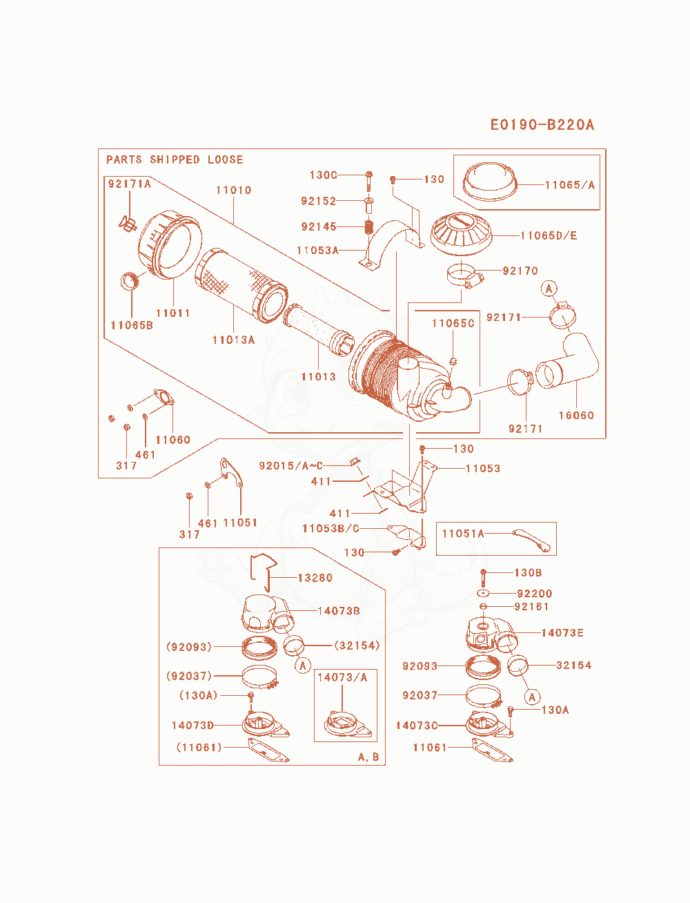 Despiece del Air-Filter / Muffler de un motor Kawasaki FD750D-BS08, con globos numerados