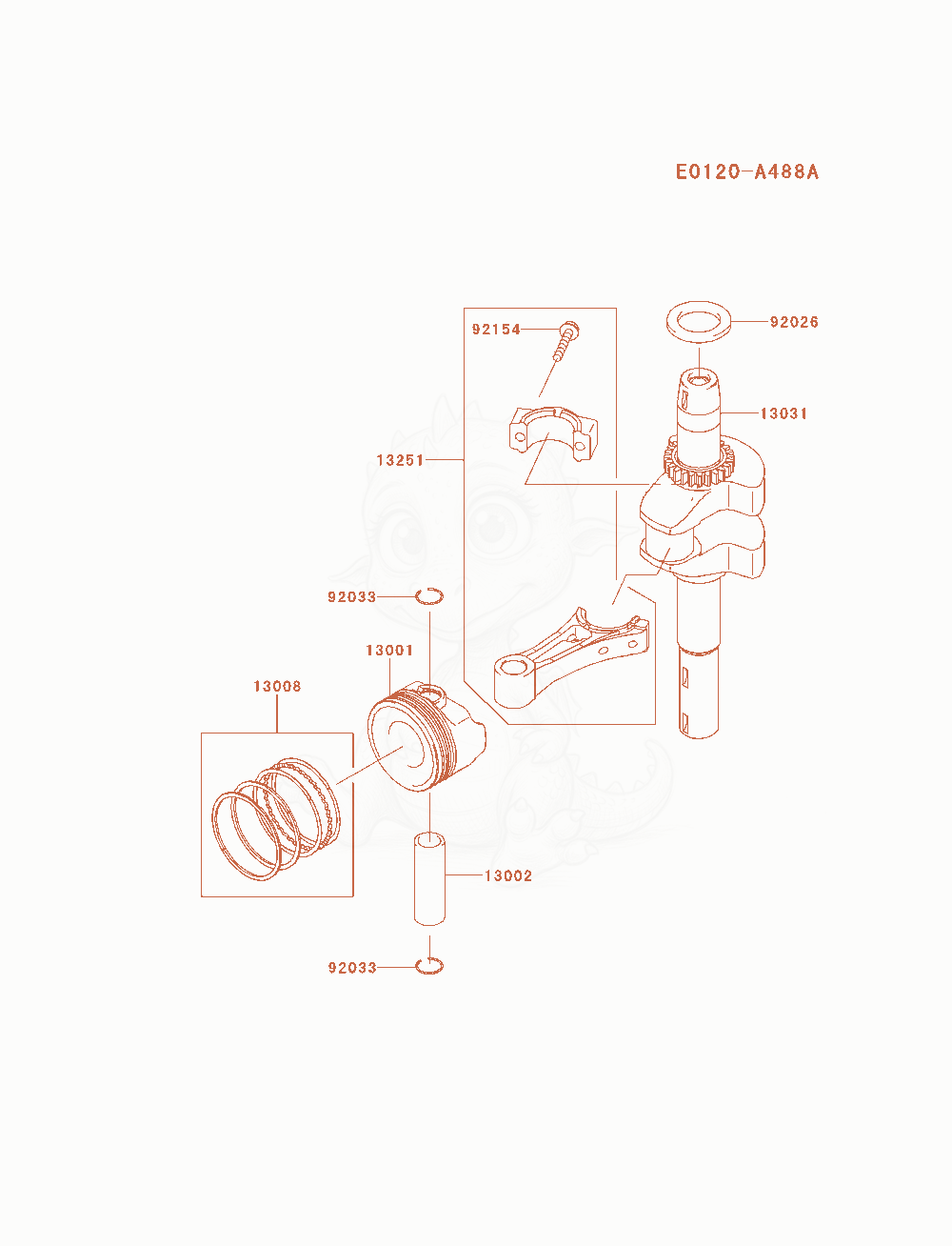 Exploded parts diagram of the Piston / Crankshaft of a Kawasaki FJ180V-AM26 engine, with numbered balloons