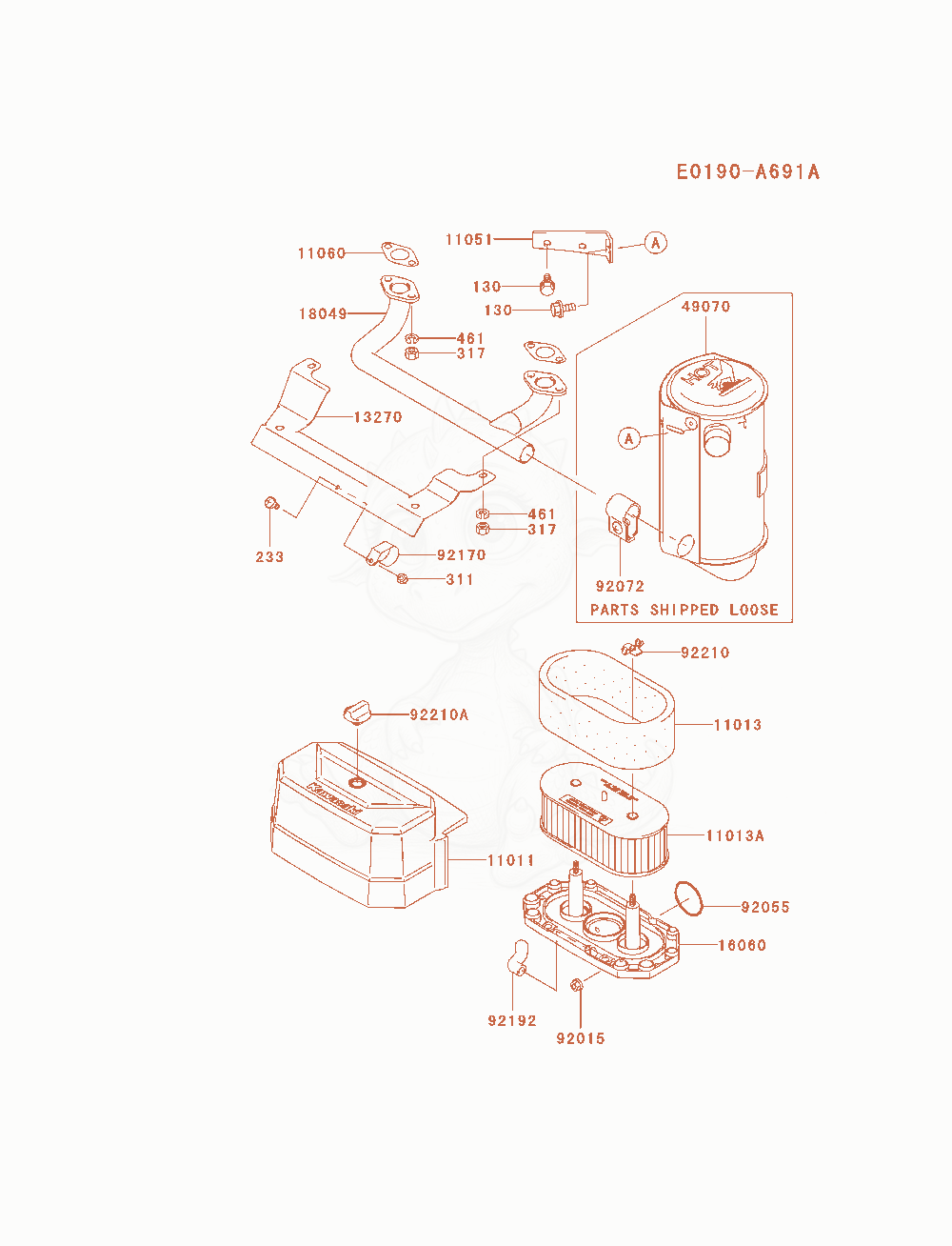 Exploded parts diagram of the Air-Filter / Muffler of a Kawasaki FH580V-AS22 engine, with numbered balloons