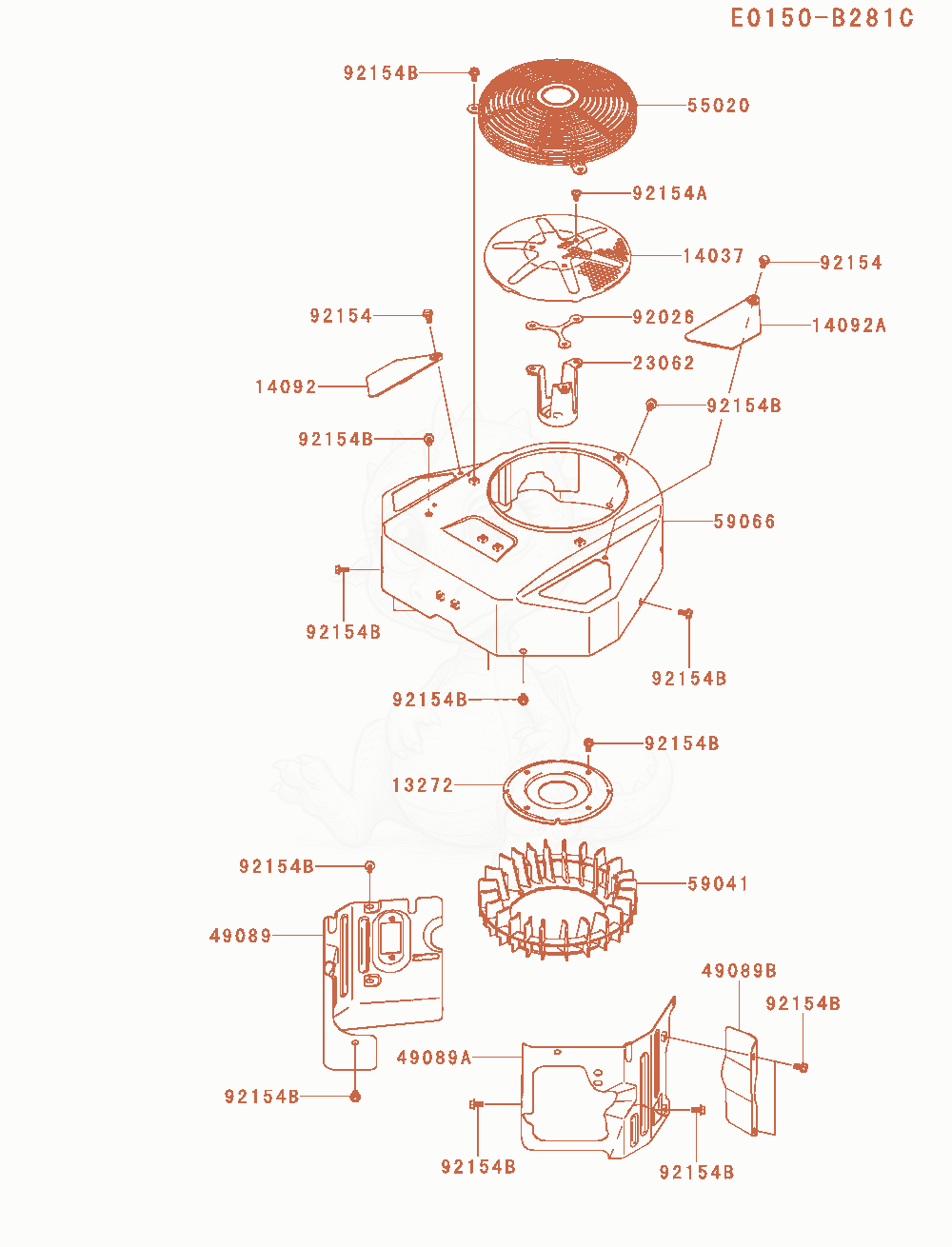 Despiece del Cooling-Equipment de un motor Kawasaki FX691V-GS11, con globos numerados