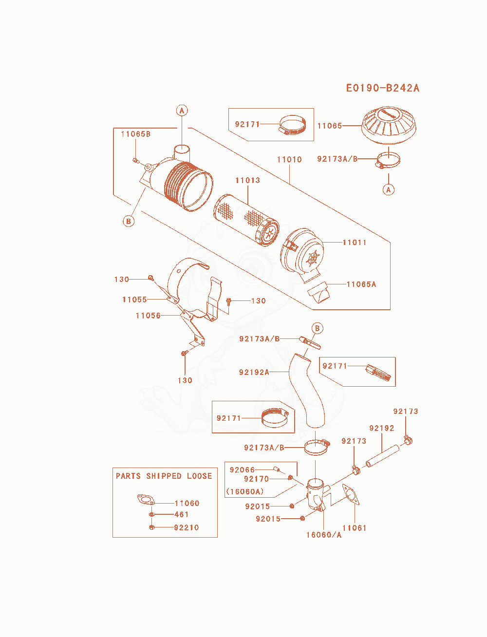 Despiece del Air-Filter / Muffler de un motor Kawasaki FX481V-BS01, con globos numerados