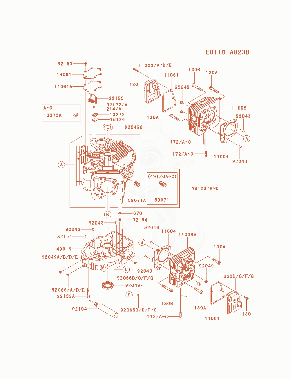 Despiece del Cylinder / Crankcase de un motor Kawasaki FX691V-AS11, con globos numerados