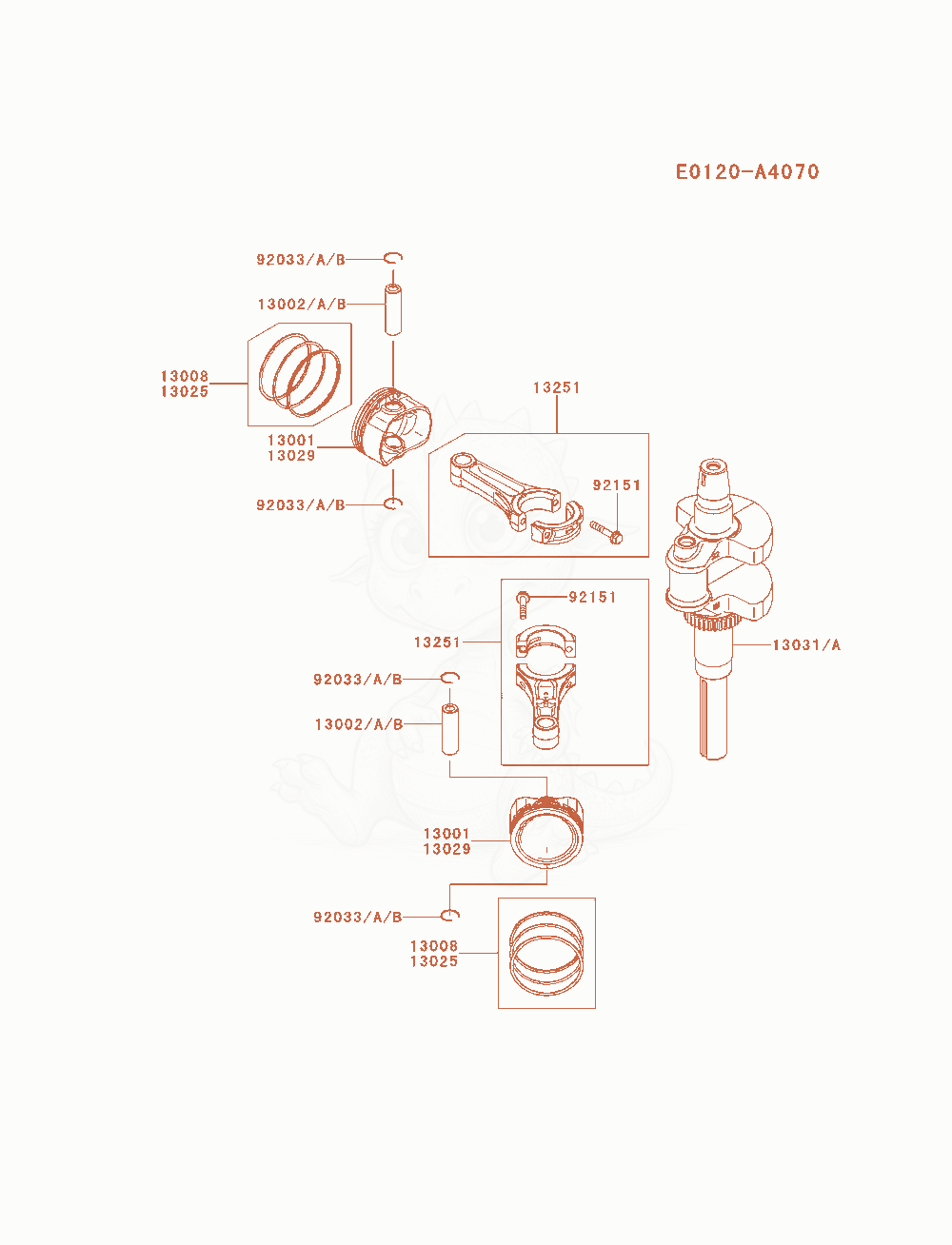 Despiece del Piston / Crankshaft de un motor Kawasaki FX651V-AS05, con globos numerados