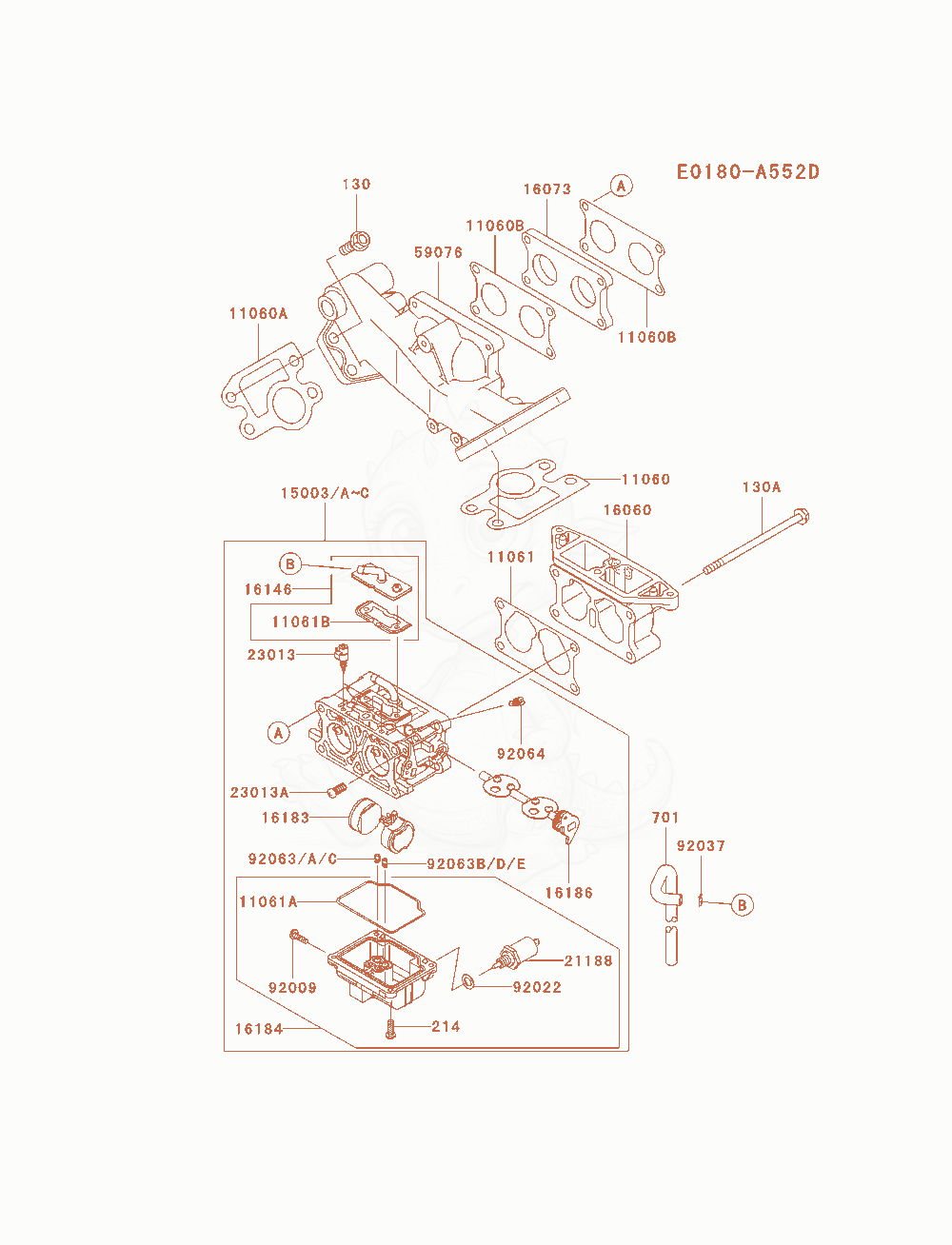 Exploded parts diagram of the Carburetor of a Kawasaki FD750D-BS08 engine, with numbered balloons
