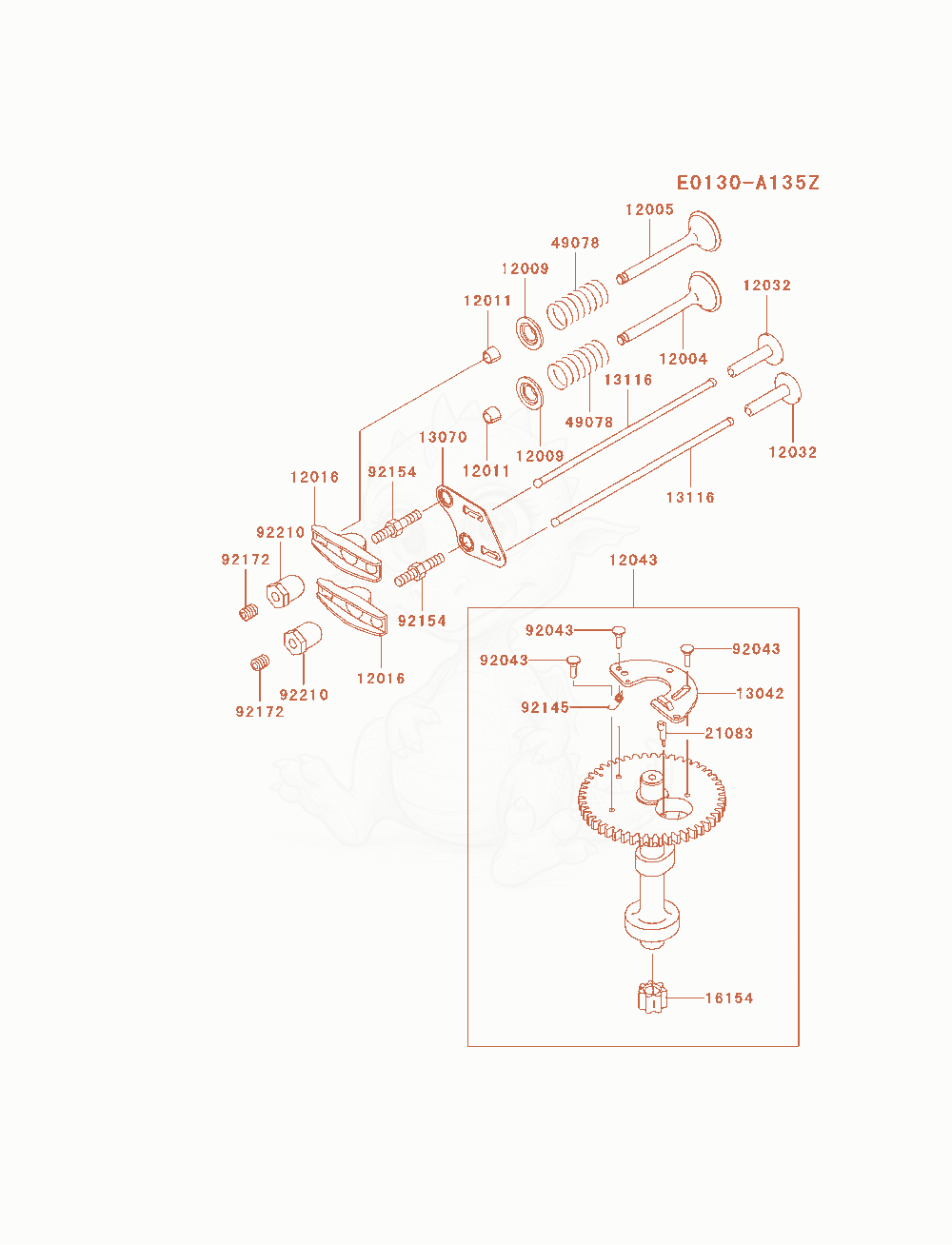 Despiece del Valve / Camshaft de un motor Kawasaki FJ180V-AM10, con globos numerados