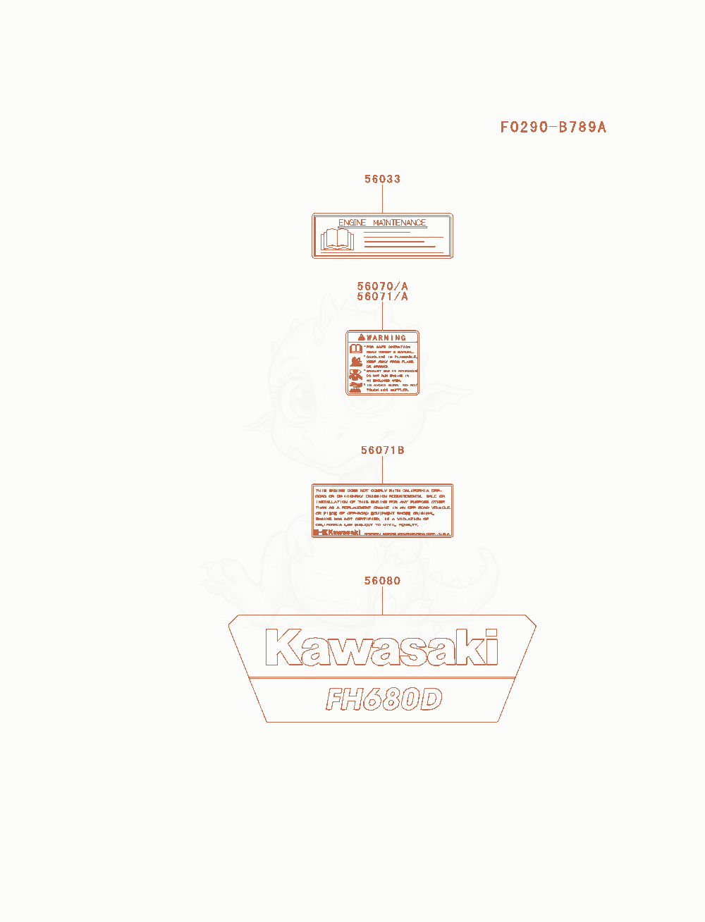 Exploded parts diagram of the Label of a Kawasaki FH680D-CS01 engine, with numbered balloons