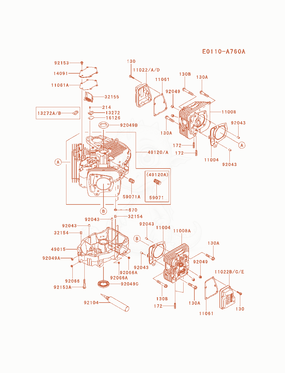 Despiece del Cylinder / Crankcase de un motor Kawasaki FX651V-AS10, con globos numerados