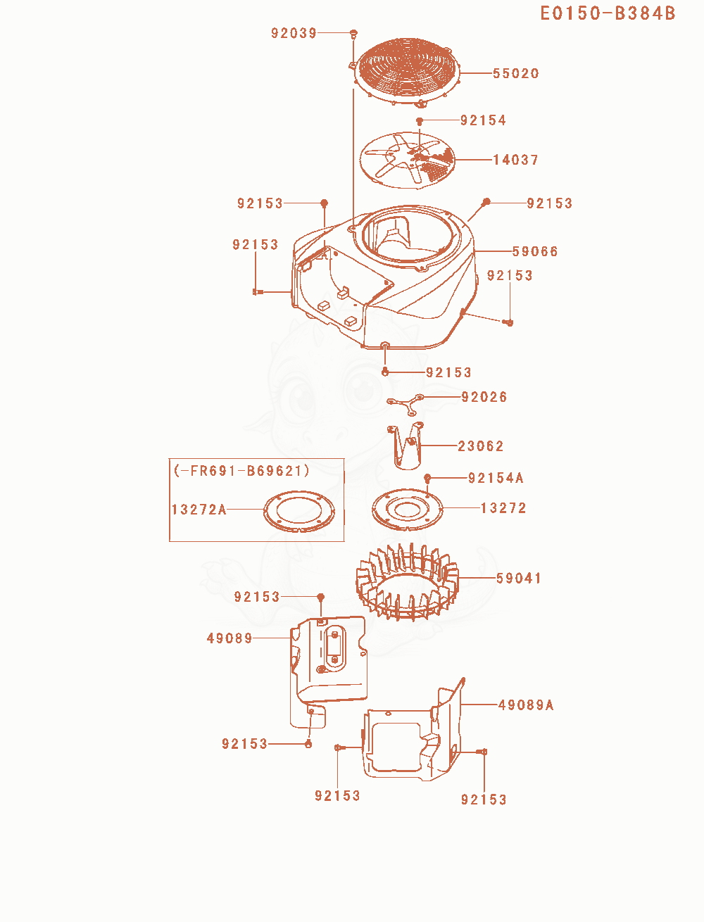 Despiece del Cooling-Equipment de un motor Kawasaki FR691V-AS19, con globos numerados
