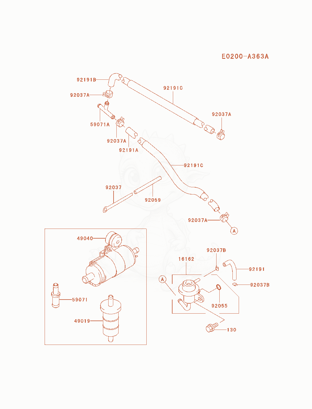 Despiece del Fuel-Tank / Fuel-Valve de un motor Kawasaki FD791D-AS03, con globos numerados