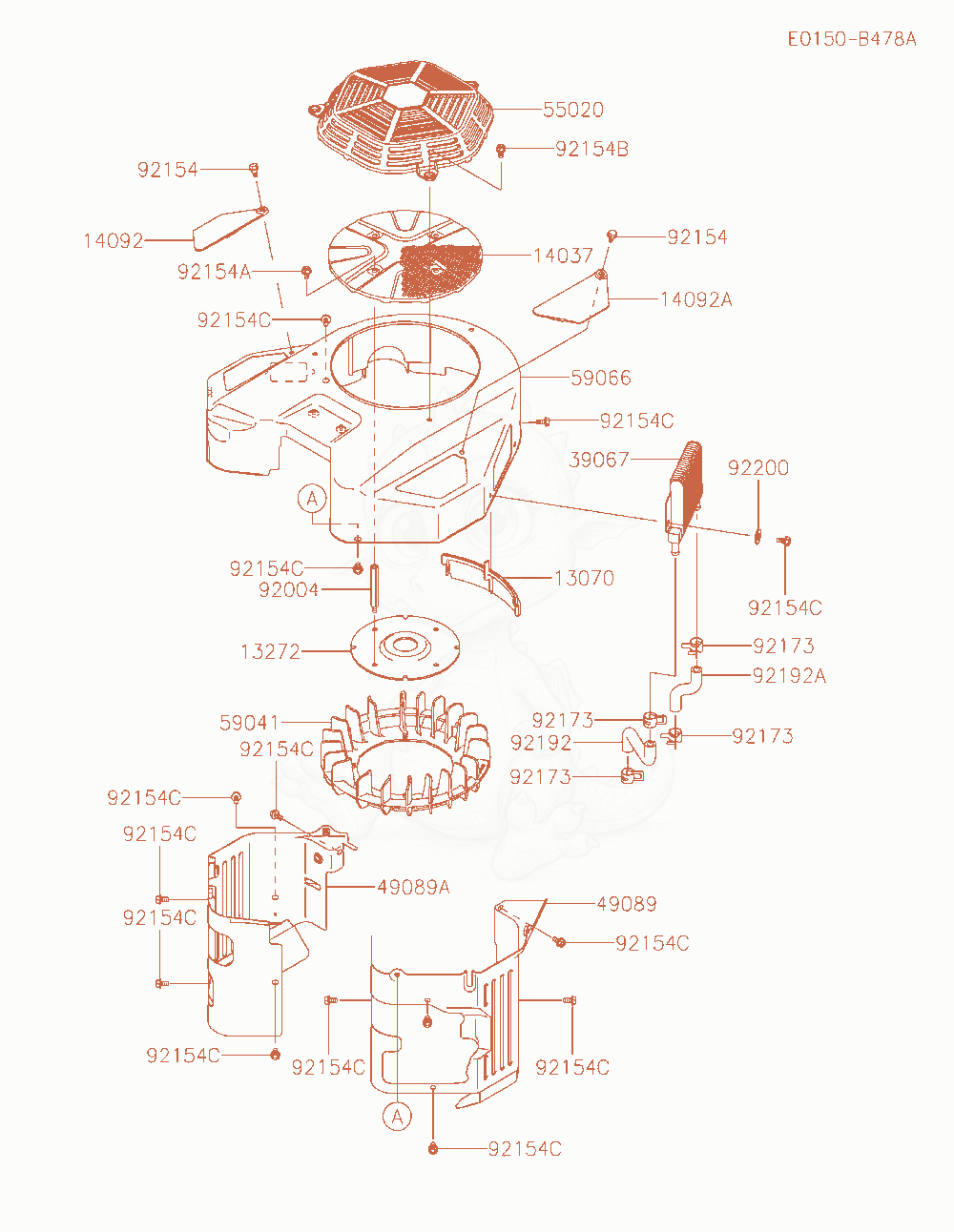 Despiece del Cooling-Equipment de un motor Kawasaki FX921V-AS26, con globos numerados