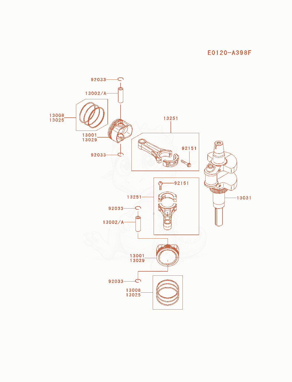 Despiece del Piston / Crankshaft de un motor Kawasaki FS730V-AS05, con globos numerados