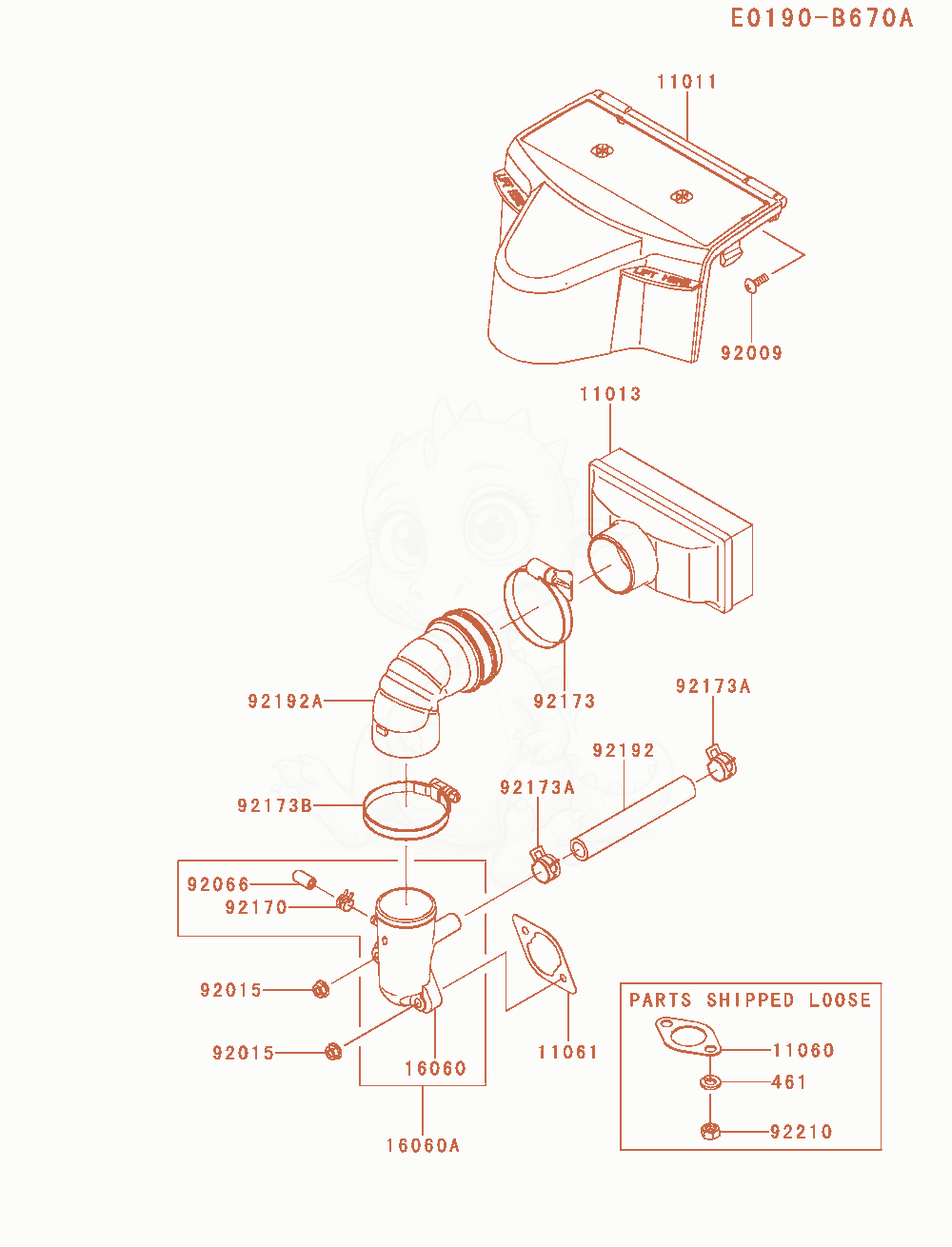 Despiece del Air-Filter / Muffler de un motor Kawasaki FR600V-AS00, con globos numerados