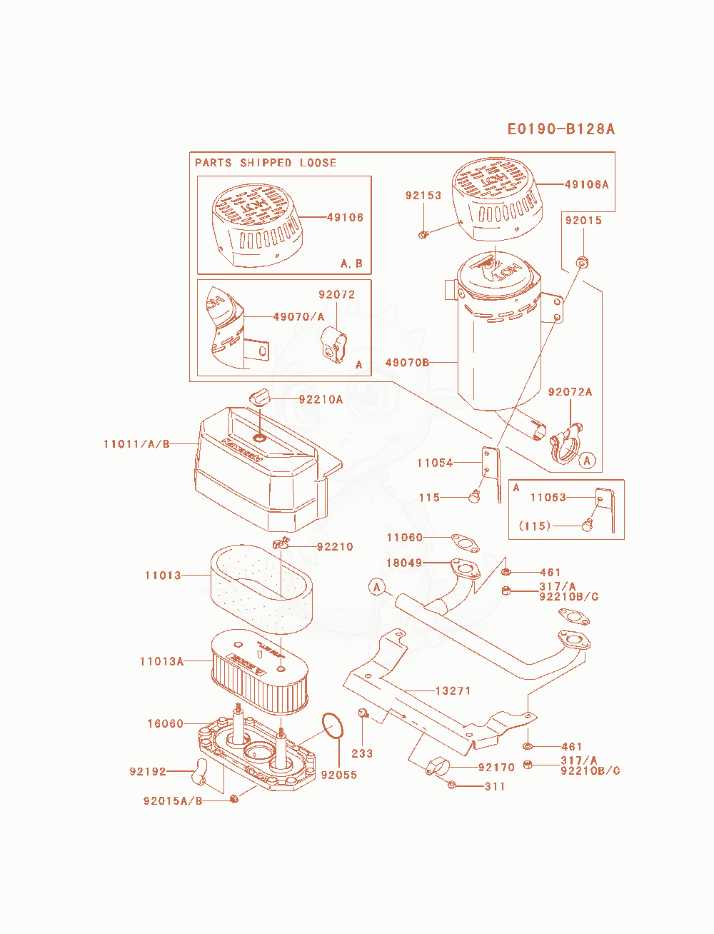 Despiece del Air-Filter / Muffler de un motor Kawasaki FH580V-AS34, con globos numerados