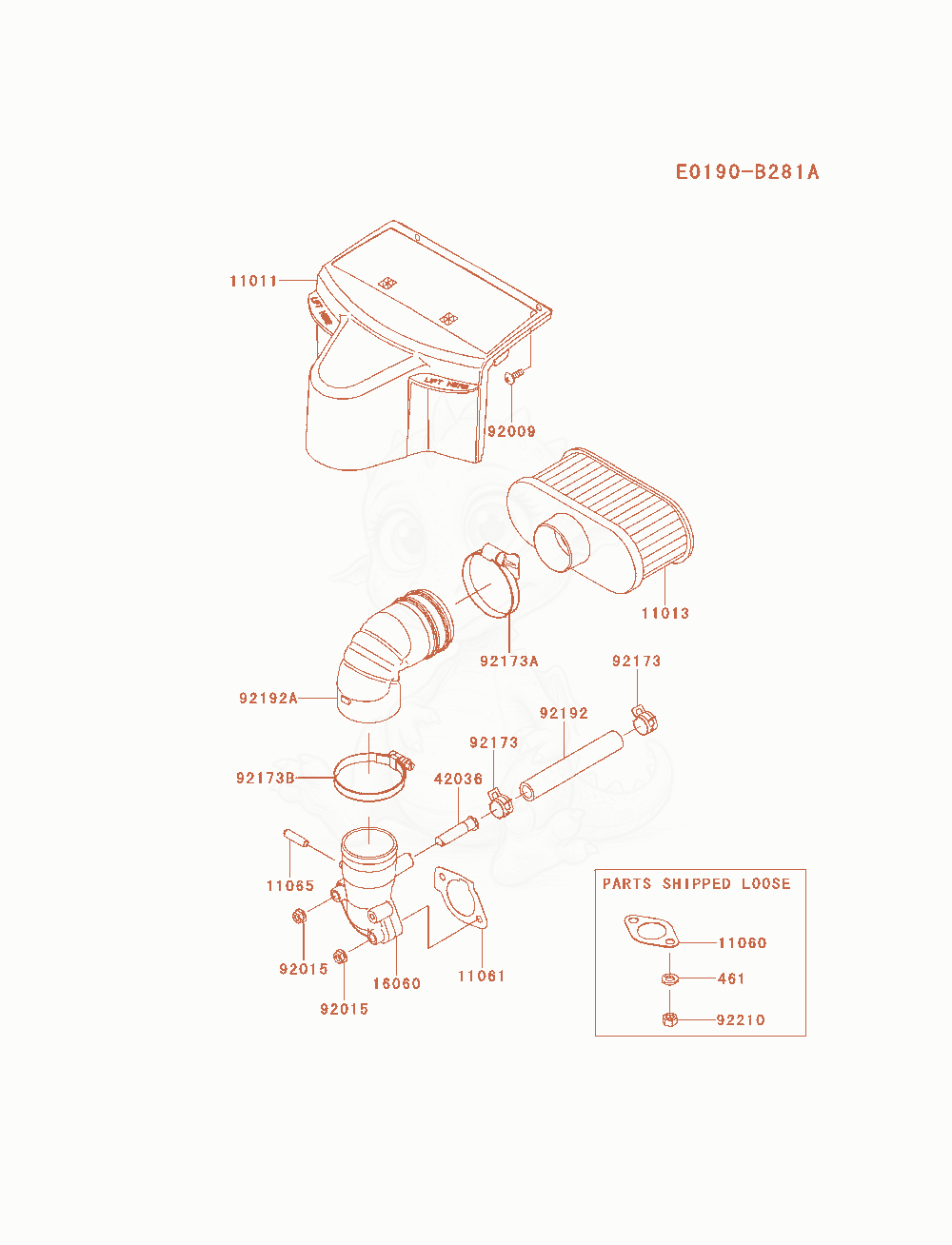 Despiece del Air-Filter / Muffler de un motor Kawasaki FR691V-AS22, con globos numerados