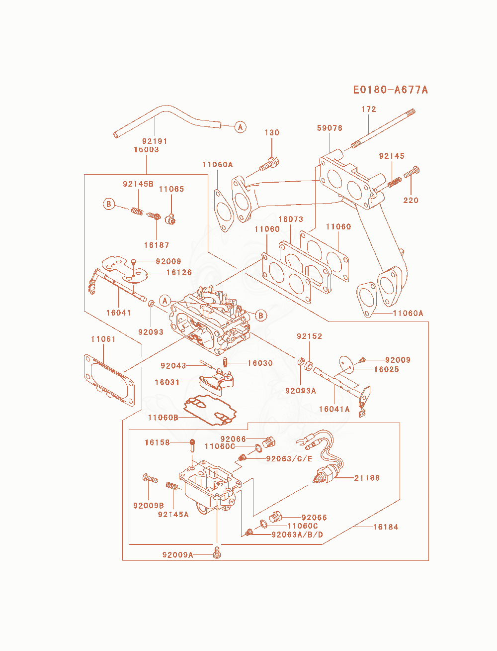 Despiece del Carburetor de un motor Kawasaki FH601D-AS06, con globos numerados