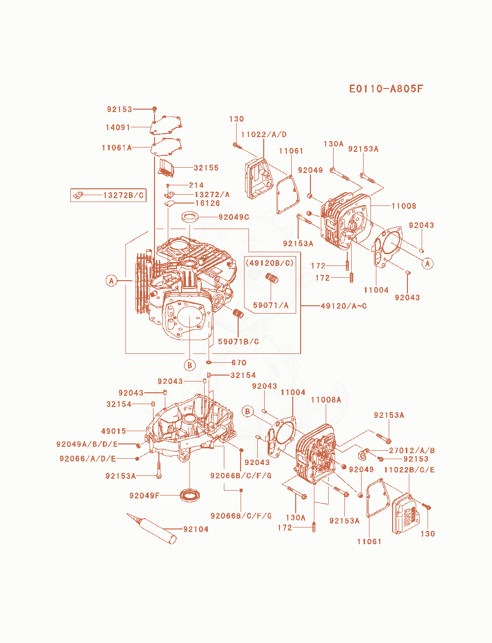 Despiece del Cylinder / Crankcase de un motor Kawasaki FS600V-AS15, con globos numerados