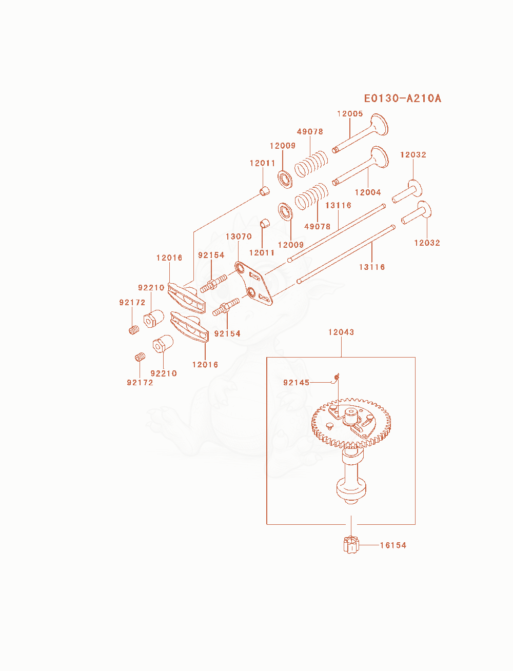Despiece del Valve / Camshaft de un motor Kawasaki FJ180V-AM01, con globos numerados