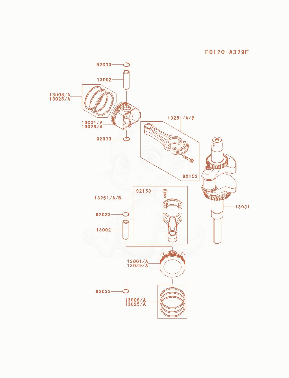 Despiece del Piston / Crankshaft de un motor Kawasaki FX921V-AS07, con globos numerados