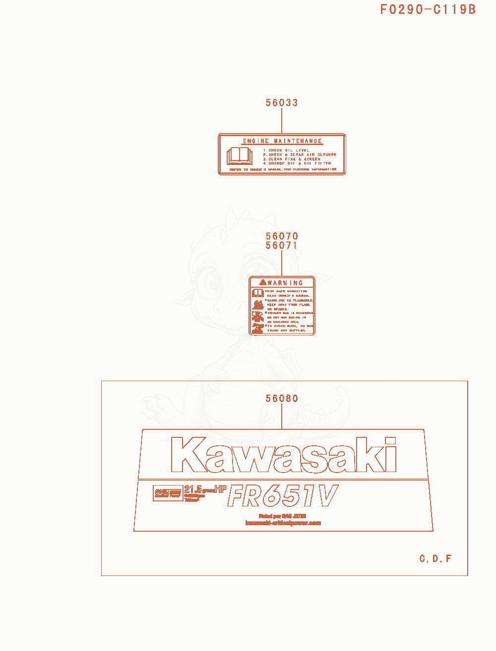 Despiece del Label de un motor Kawasaki FR651V-AS08, con globos numerados