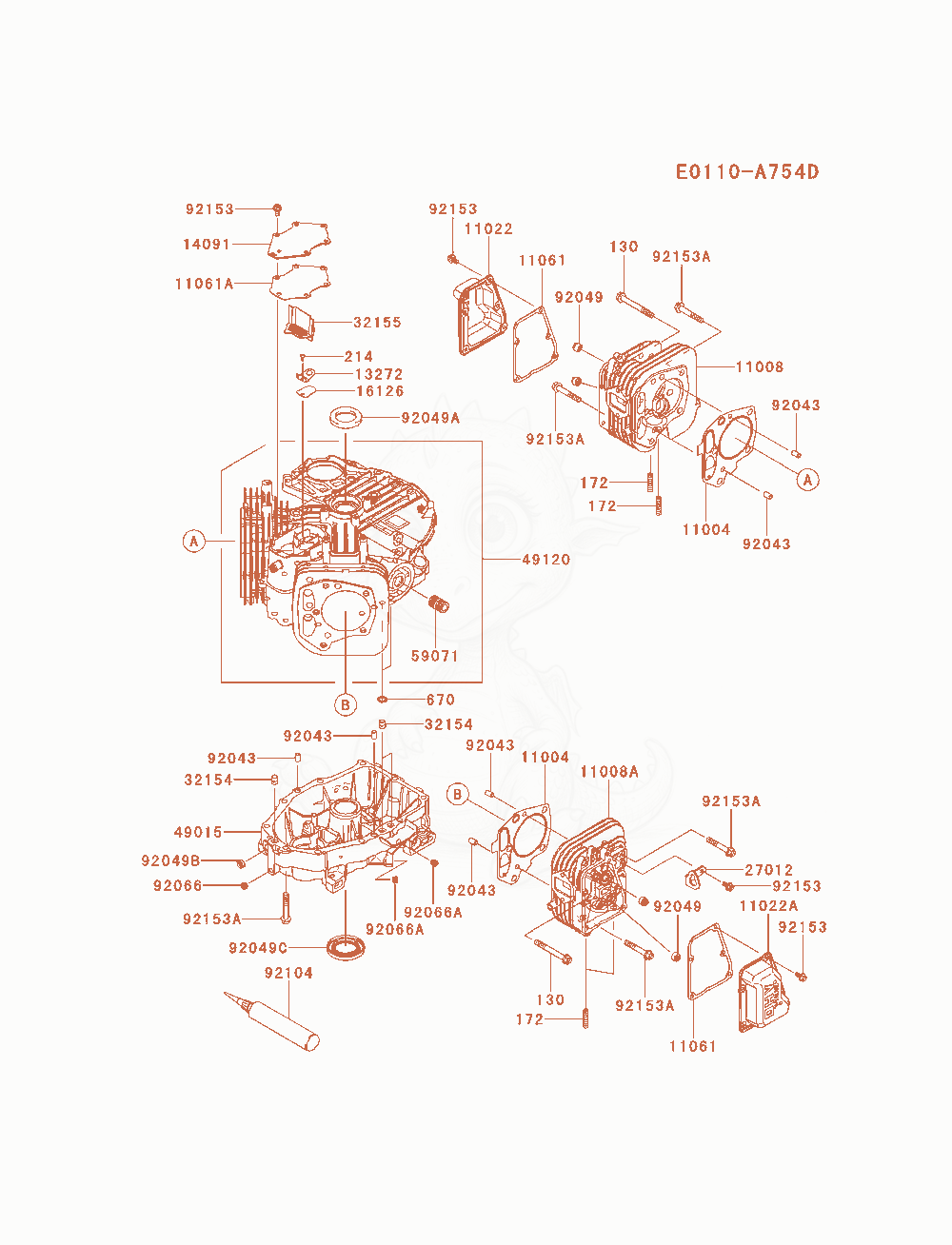 Despiece del Cylinder / Crankcase de un motor Kawasaki FR600V-AS12, con globos numerados