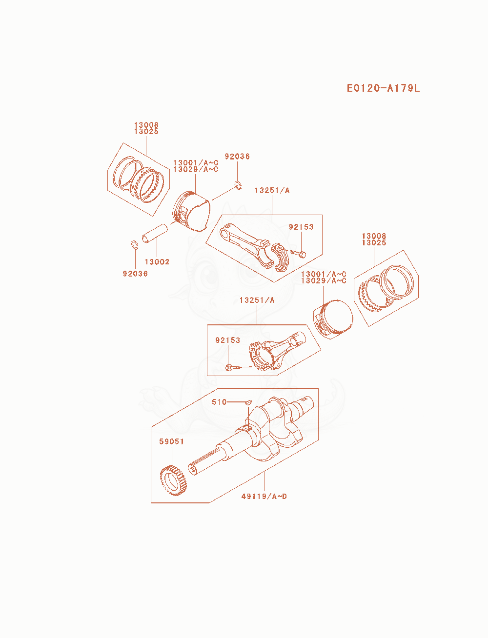 Despiece del Piston / Crankshaft de un motor Kawasaki FD750D-BS08, con globos numerados