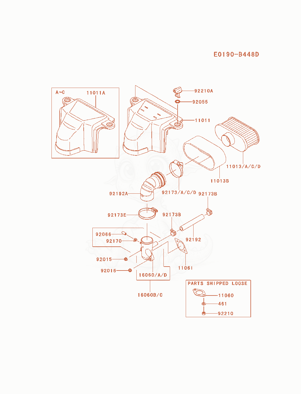 Despiece del Air-Filter / Muffler de un motor Kawasaki FS600V-AS15, con globos numerados
