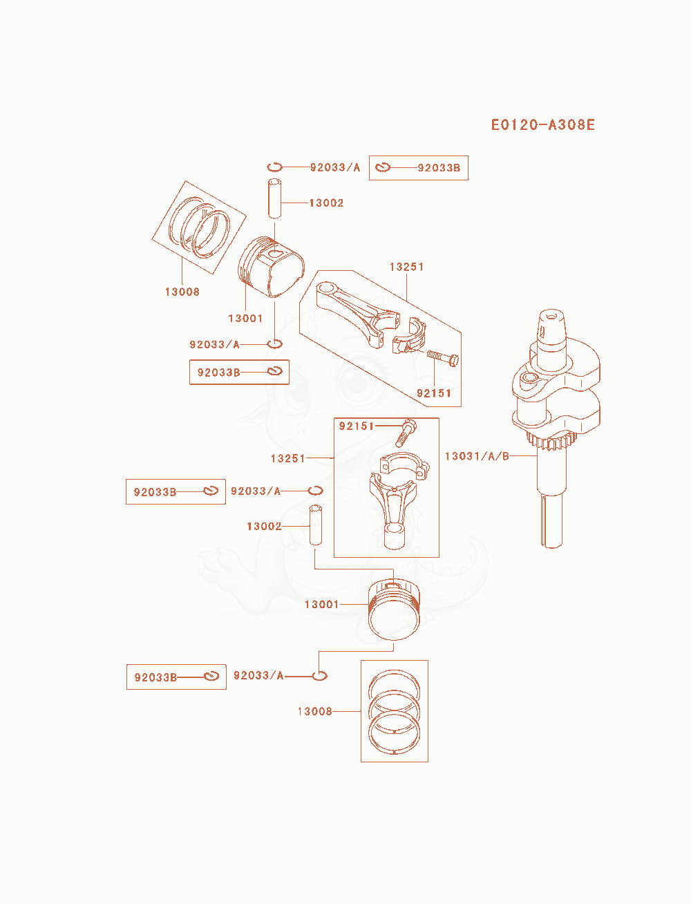 Exploded parts diagram of the Piston / Crankshaft of a Kawasaki FH580V-AS36 engine, with numbered balloons