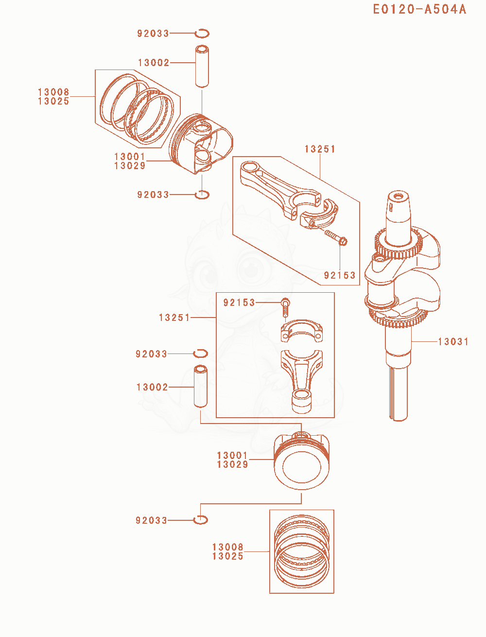Exploded parts diagram of the Piston / Crankshaft of a Kawasaki FXT00V-HS00 engine, with numbered balloons
