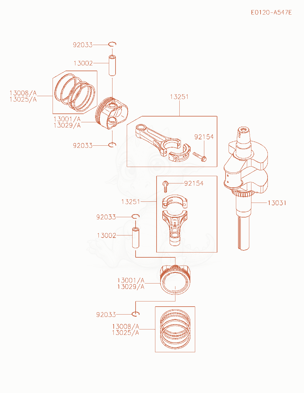 Exploded parts diagram of the Piston / Crankshaft of a Kawasaki FT730V-BW00 engine, with numbered balloons