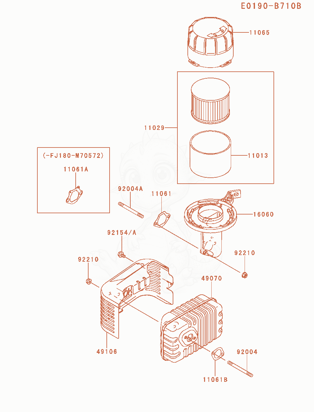 Despiece del Air-Filter / Muffler de un motor Kawasaki FJ180V-AM22, con globos numerados
