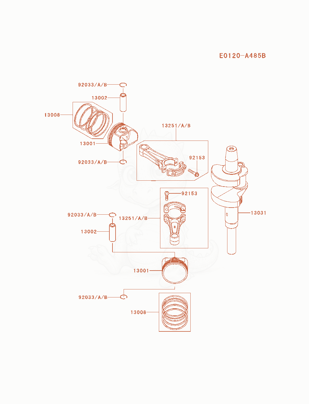 Exploded parts diagram of the Piston / Crankshaft of a Kawasaki FX850V-AS14 engine, with numbered balloons
