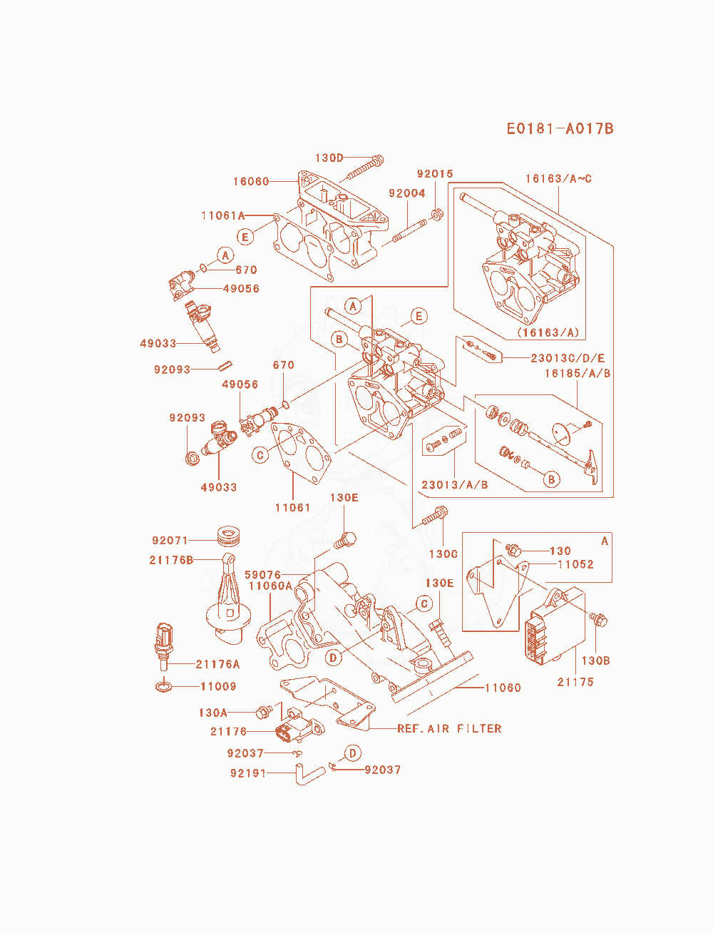 Exploded parts diagram of the Throttle-Equipment of a Kawasaki FD791D-AS05 engine, with numbered balloons