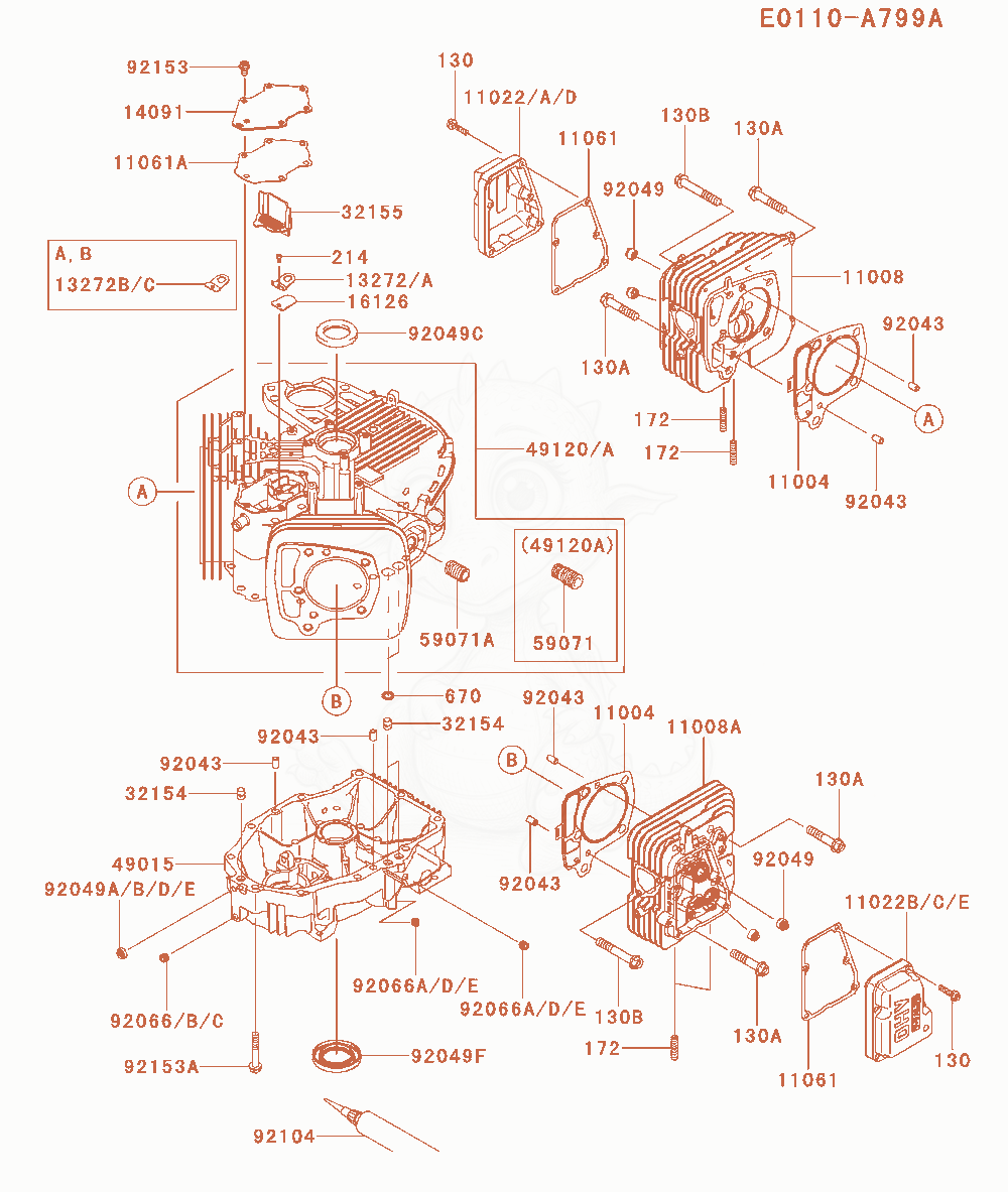 Exploded parts diagram of the Cylinder / Crankcase of a Kawasaki FX651V-CS08 engine, with numbered balloons